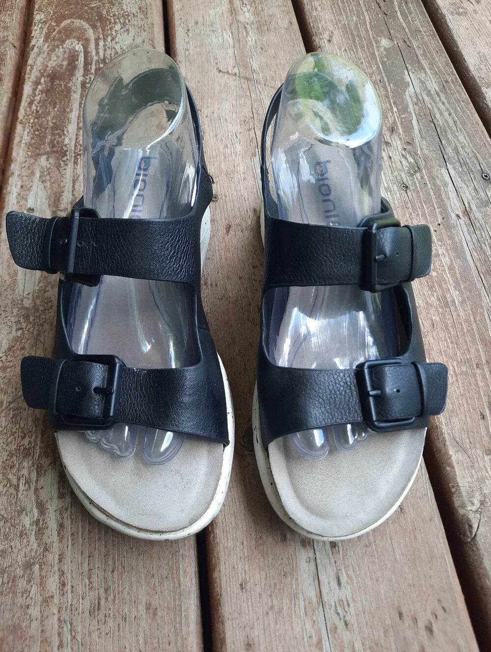 Bionica Olin Black Leather Slingback Ankle Strap Buckle Wedge Sandals Size 9